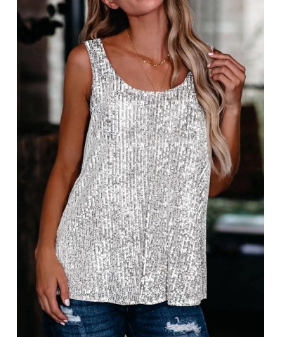 Womens Summer Fashion Sequin Tops Scoop Neck Sequin Sparkle Shimmer Sleeveless Tanks Tops Blouses Sliver $19.79 Tanks