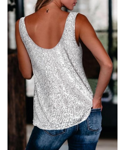 Womens Summer Fashion Sequin Tops Scoop Neck Sequin Sparkle Shimmer Sleeveless Tanks Tops Blouses Sliver $19.79 Tanks