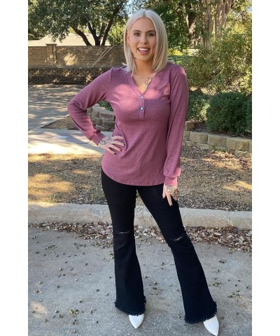 Women's V Neck Long Sleeve Shirts Button Down Tunic Blouses Fall Basic Tops Tee 2023 B-dark Red-102 $14.03 Tops