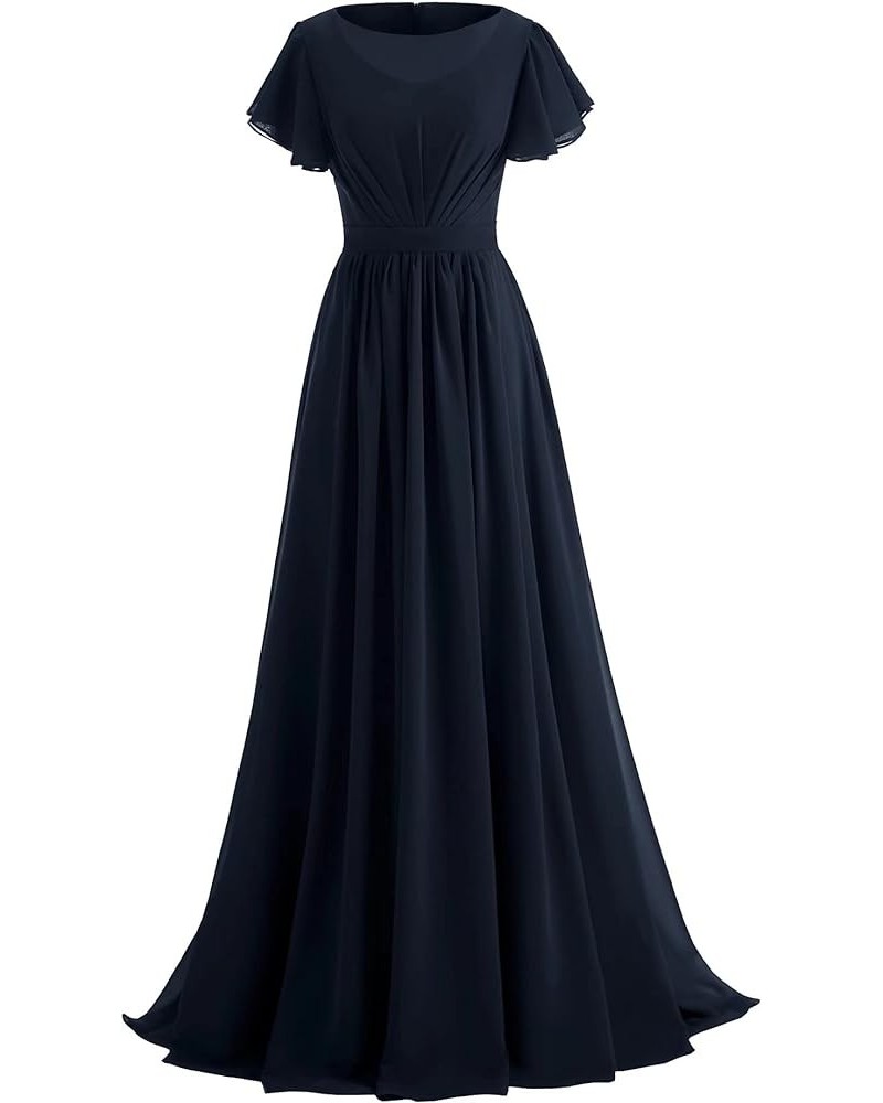 Ruffle Sleeves Bridesmaid Dresses Long Chiffon Prom Formal Evening Dresses for Women with Pockets Navy Blue $30.00 Dresses