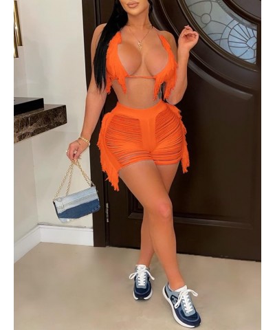 Women's Bikini Set Knitted Shorts and Bra Hollow Out Halter Fringe Set Beach Play Bar Nightclub Performance Orange $18.85 Swi...