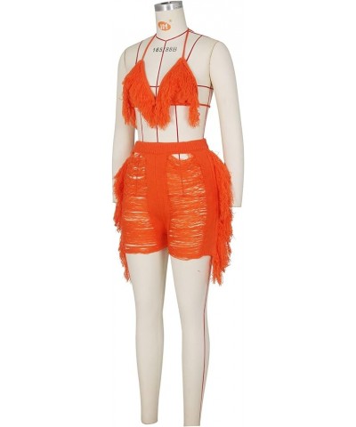 Women's Bikini Set Knitted Shorts and Bra Hollow Out Halter Fringe Set Beach Play Bar Nightclub Performance Orange $18.85 Swi...