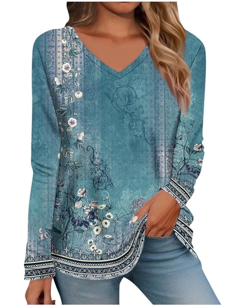 Blouses for Women Dressy Casual T Shirt Tee Print Long Sleeve Daily Weekend Daily Basic V Neck Fall Winter Tops Turquoise $10...