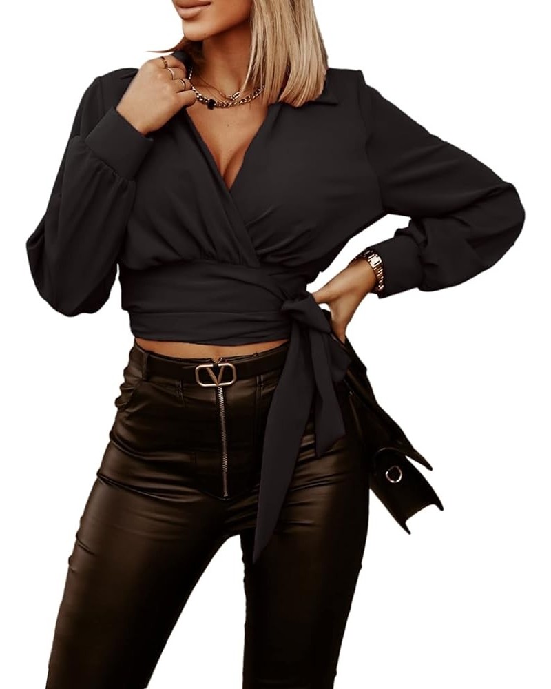 Women's Wrap V Neck Self Tie Knot Long Sleeve Blouse Shirt Crop Top Black $15.84 Blouses