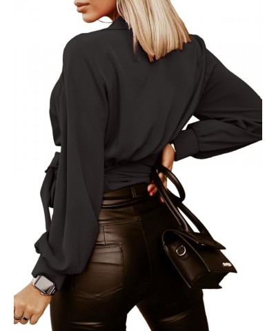 Women's Wrap V Neck Self Tie Knot Long Sleeve Blouse Shirt Crop Top Black $15.84 Blouses