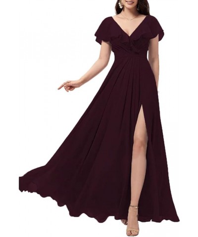 Women's Ruffle Sleeves Bridesmaid Dresses with Slit V-Neck Evening Party Gown Long Chiffon Formal Dress Dark Burgundy $32.56 ...