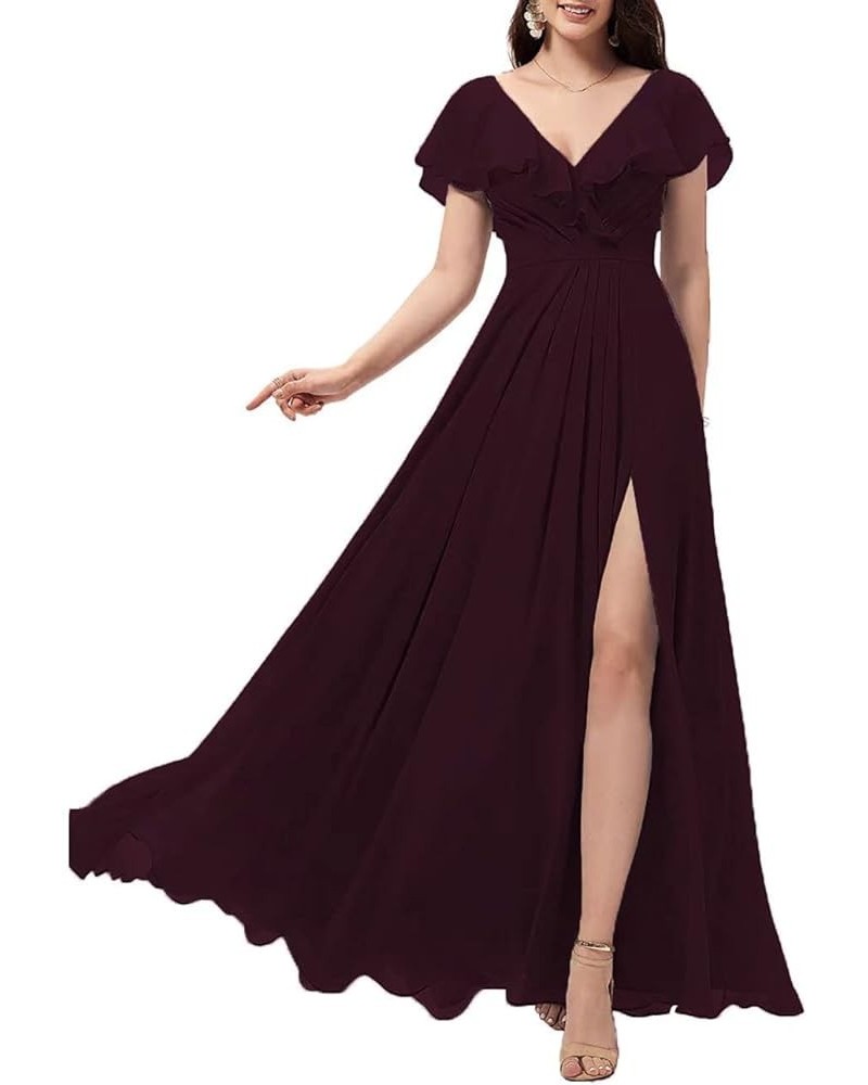 Women's Ruffle Sleeves Bridesmaid Dresses with Slit V-Neck Evening Party Gown Long Chiffon Formal Dress Dark Burgundy $32.56 ...