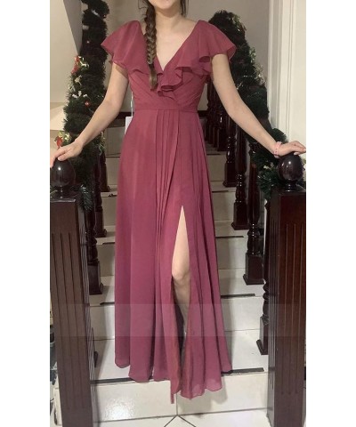 Women's Ruffle Sleeves Bridesmaid Dresses with Slit V-Neck Evening Party Gown Long Chiffon Formal Dress Dark Burgundy $32.56 ...