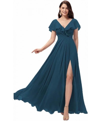 Women's Ruffle Sleeves Bridesmaid Dresses with Slit V-Neck Evening Party Gown Long Chiffon Formal Dress Dark Burgundy $32.56 ...