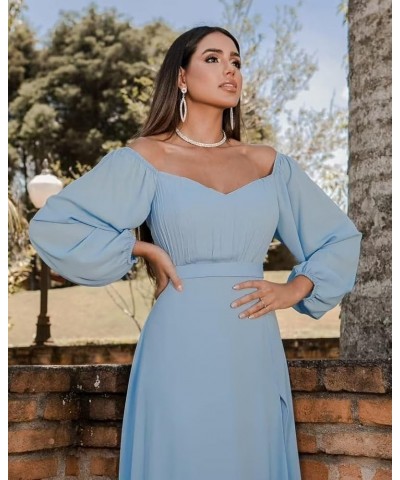 Long Sleeve Bridesmaid Dresses 2023 Chiffon Sweetheart Off The Shoulder Formal Evening Dresses with Slit Light Blue $30.24 Dr...