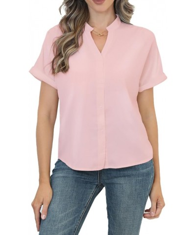 Women Short Sleeve Work Tops V Neck Button Down Office Business Casual Blouses Dressy Shirts S-XXL Pink $14.68 Blouses