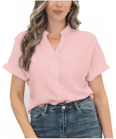 Women Short Sleeve Work Tops V Neck Button Down Office Business Casual Blouses Dressy Shirts S-XXL Pink $14.68 Blouses