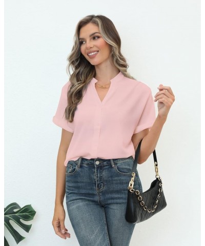 Women Short Sleeve Work Tops V Neck Button Down Office Business Casual Blouses Dressy Shirts S-XXL Pink $14.68 Blouses