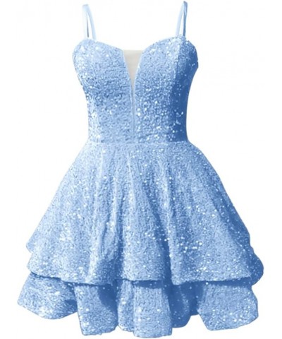 Teens Sequin Prom Dresses Spaghetti Straps Sparkly Sexy Backless Tight Short Homecoming Cocktail Dresses 2023 Sky Blue $44.10...