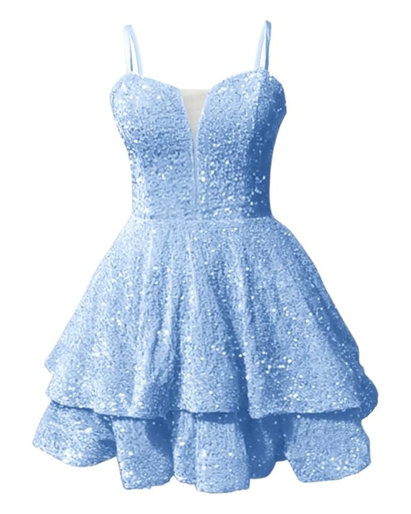 Teens Sequin Prom Dresses Spaghetti Straps Sparkly Sexy Backless Tight Short Homecoming Cocktail Dresses 2023 Sky Blue $44.10...