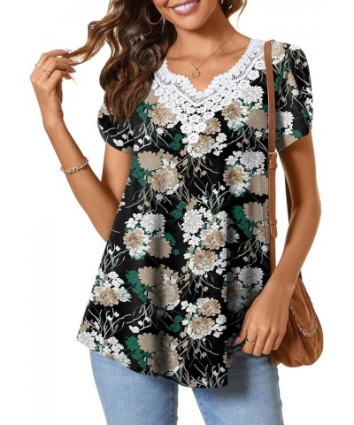 Women Summer Tunic Tops Short Sleeve T-Shirt V-Neck Crochet Lace Blouses Casual Pleated Pullover Wood Fr Flower-black $13.24 ...