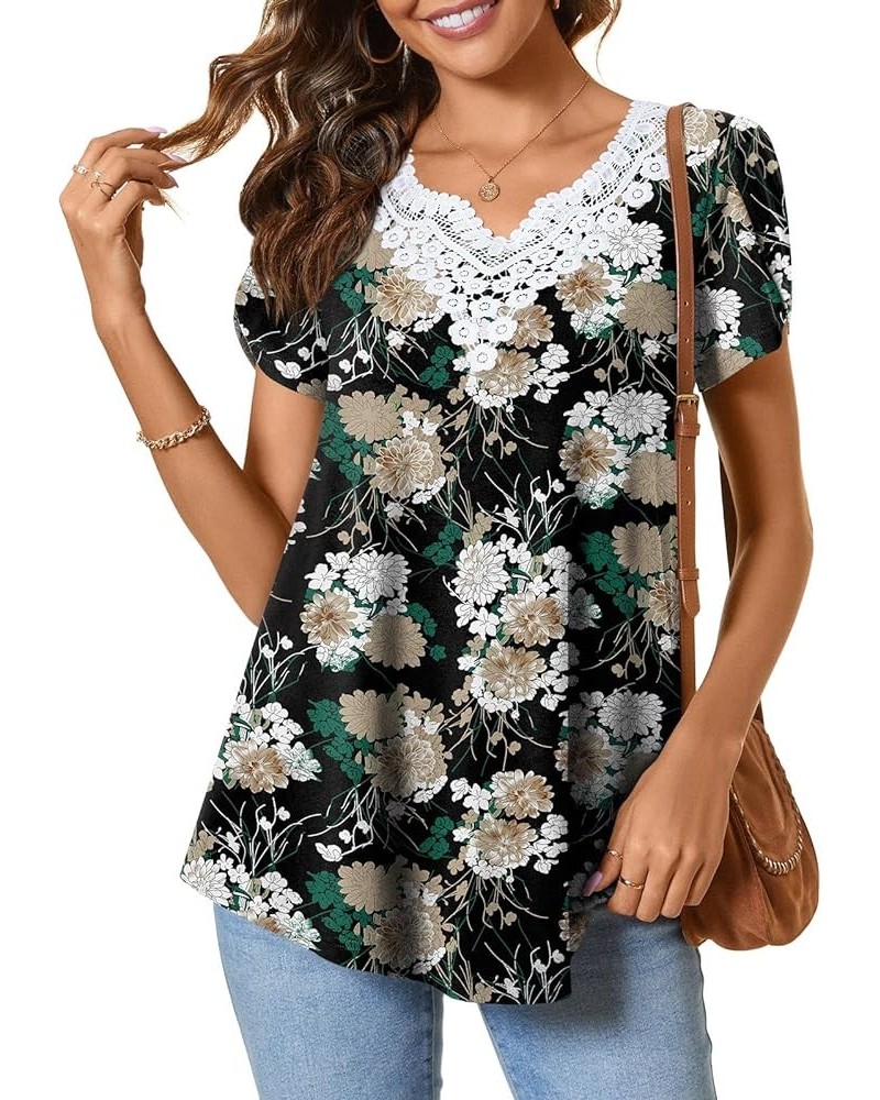 Women Summer Tunic Tops Short Sleeve T-Shirt V-Neck Crochet Lace Blouses Casual Pleated Pullover Wood Fr Flower-black $13.24 ...