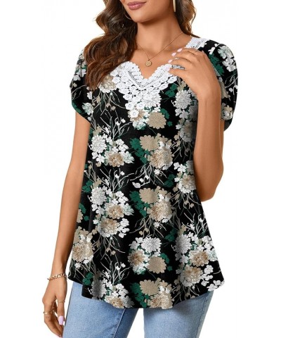 Women Summer Tunic Tops Short Sleeve T-Shirt V-Neck Crochet Lace Blouses Casual Pleated Pullover Wood Fr Flower-black $13.24 ...