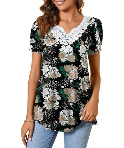 Women Summer Tunic Tops Short Sleeve T-Shirt V-Neck Crochet Lace Blouses Casual Pleated Pullover Wood Fr Flower-black $13.24 ...