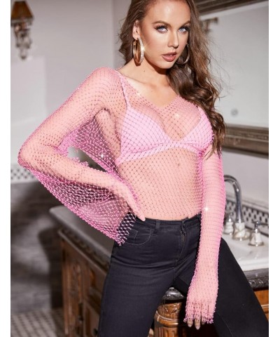 Women's Rhinestone Mesh Fishnet Bodycon Club Dress See Through Beach Swimwear Bikini Cover Up B2 Pink( V Ncek ) $20.16 Dresses