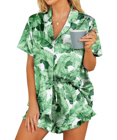 Womens Satin Pajamas Set Button Down 2 Piece Silk Pjs Shorts Set Ruffle Lingerie Notch Collar Sleepwear Green Leaf $20.05 Sle...