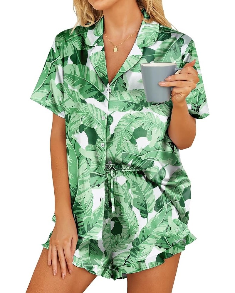 Womens Satin Pajamas Set Button Down 2 Piece Silk Pjs Shorts Set Ruffle Lingerie Notch Collar Sleepwear Green Leaf $20.05 Sle...