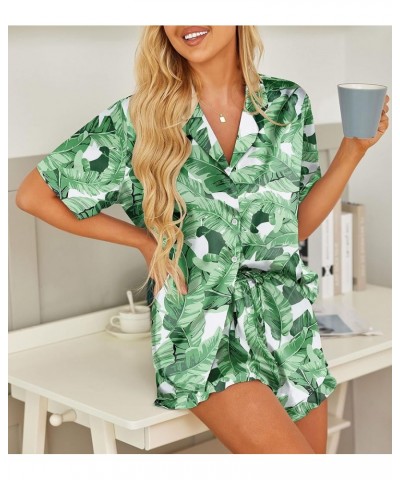 Womens Satin Pajamas Set Button Down 2 Piece Silk Pjs Shorts Set Ruffle Lingerie Notch Collar Sleepwear Green Leaf $20.05 Sle...