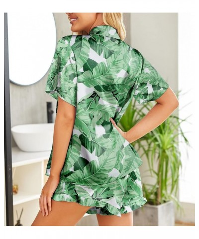 Womens Satin Pajamas Set Button Down 2 Piece Silk Pjs Shorts Set Ruffle Lingerie Notch Collar Sleepwear Green Leaf $20.05 Sle...