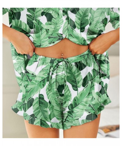 Womens Satin Pajamas Set Button Down 2 Piece Silk Pjs Shorts Set Ruffle Lingerie Notch Collar Sleepwear Green Leaf $20.05 Sle...