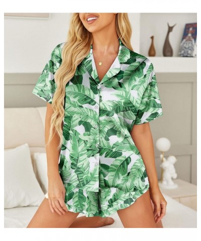 Womens Satin Pajamas Set Button Down 2 Piece Silk Pjs Shorts Set Ruffle Lingerie Notch Collar Sleepwear Green Leaf $20.05 Sle...