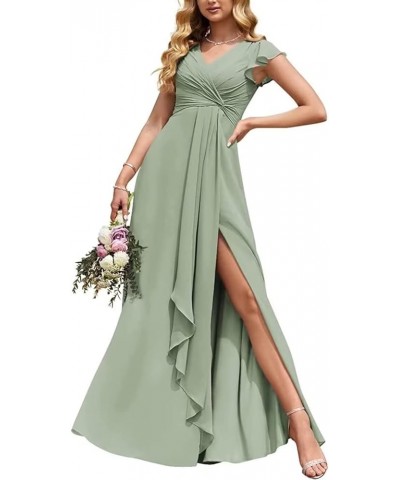 Flowy V Neck Bridesmaid Dresses Ruffle Sleeves Prom Dresses for Women Slit Chiffon Formal Dress Evening Gown Sage Green $34.0...