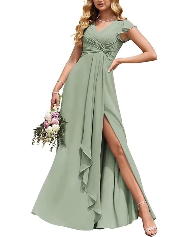 Flowy V Neck Bridesmaid Dresses Ruffle Sleeves Prom Dresses for Women Slit Chiffon Formal Dress Evening Gown Sage Green $34.0...