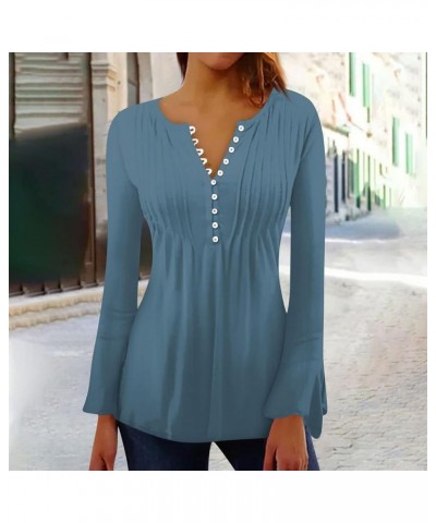 Long Sleeve Shirts for Women,Women's Trendy Solid Henley V-Neck Button Down Tunic Casual Loose Swing Pleated Blouses 5-dark B...