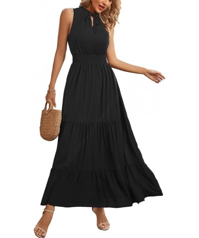 Women's Sleeveless Summer Tie Neck Casual Boho Floral Print Ruffle Hem A-Line Long Beach Maxi Dresses Black $13.64 Dresses