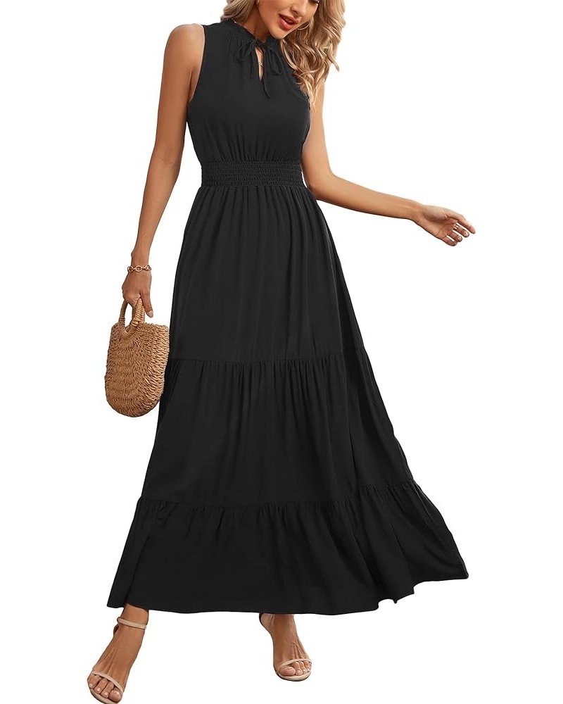 Women's Sleeveless Summer Tie Neck Casual Boho Floral Print Ruffle Hem A-Line Long Beach Maxi Dresses Black $13.64 Dresses