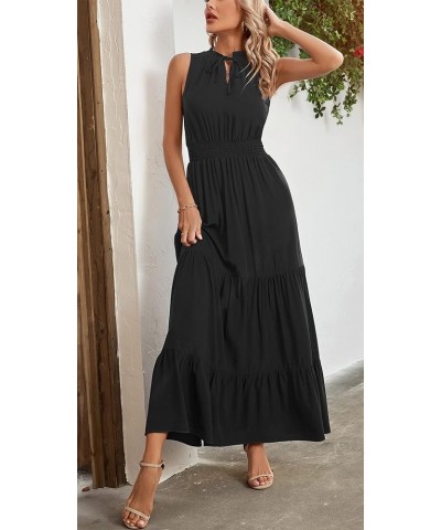 Women's Sleeveless Summer Tie Neck Casual Boho Floral Print Ruffle Hem A-Line Long Beach Maxi Dresses Black $13.64 Dresses