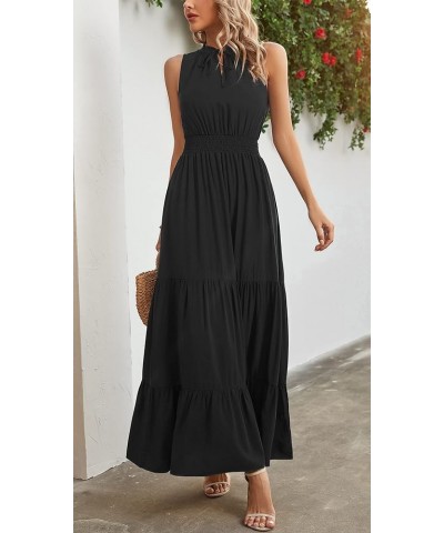 Women's Sleeveless Summer Tie Neck Casual Boho Floral Print Ruffle Hem A-Line Long Beach Maxi Dresses Black $13.64 Dresses