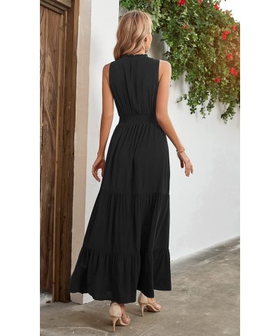 Women's Sleeveless Summer Tie Neck Casual Boho Floral Print Ruffle Hem A-Line Long Beach Maxi Dresses Black $13.64 Dresses