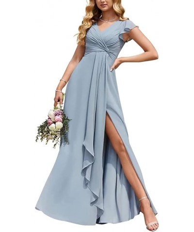 Flowy V Neck Bridesmaid Dresses Ruffle Sleeves Prom Dresses for Women Slit Chiffon Formal Dress Evening Gown Sage Green $34.0...