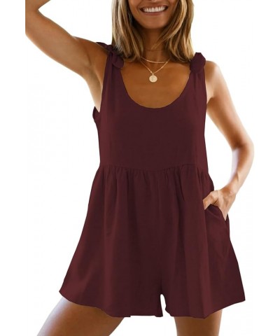 Women Summer Scoop Neck Sleeveless Loose Adjustable Jumpsuits Linen Shorts Rompers with Pockets Burgundy $24.42 Rompers