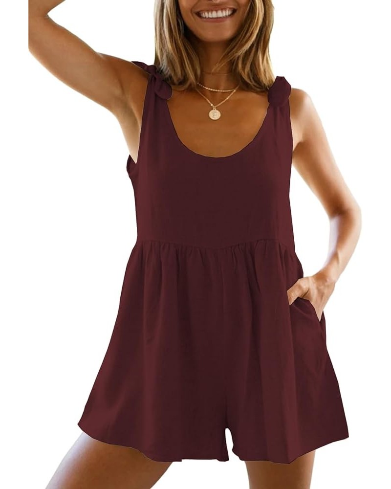 Women Summer Scoop Neck Sleeveless Loose Adjustable Jumpsuits Linen Shorts Rompers with Pockets Burgundy $24.42 Rompers