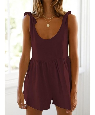 Women Summer Scoop Neck Sleeveless Loose Adjustable Jumpsuits Linen Shorts Rompers with Pockets Burgundy $24.42 Rompers