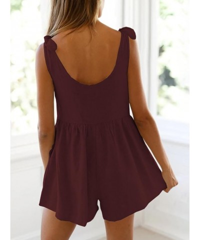 Women Summer Scoop Neck Sleeveless Loose Adjustable Jumpsuits Linen Shorts Rompers with Pockets Burgundy $24.42 Rompers