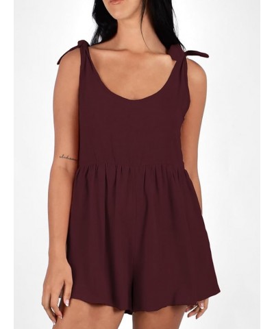 Women Summer Scoop Neck Sleeveless Loose Adjustable Jumpsuits Linen Shorts Rompers with Pockets Burgundy $24.42 Rompers