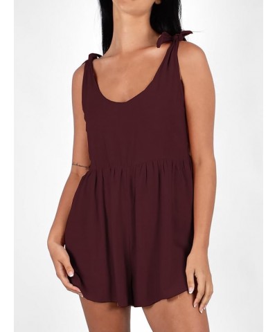 Women Summer Scoop Neck Sleeveless Loose Adjustable Jumpsuits Linen Shorts Rompers with Pockets Burgundy $24.42 Rompers