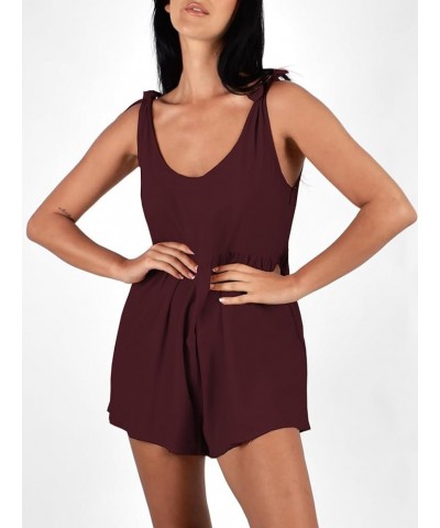 Women Summer Scoop Neck Sleeveless Loose Adjustable Jumpsuits Linen Shorts Rompers with Pockets Burgundy $24.42 Rompers