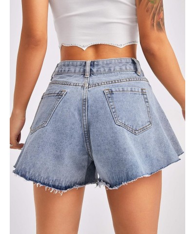 Women's Casual Rhinestone Fringe Raw Hem Ripped Denim Jeans Shorts Light Blue $11.25 Shorts