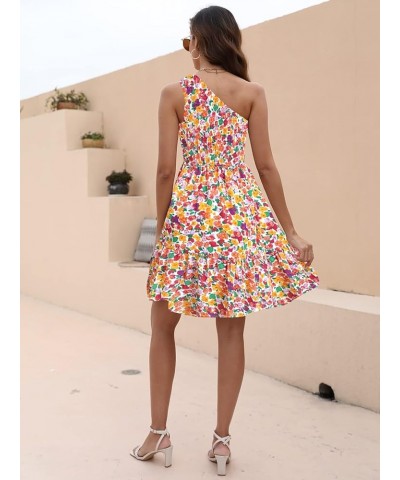 Womens 2024 Floral Summer Dress One Shoulder Sundresses Boho Ruffle Beach Mini Dresses 02 Floral White Red $22.09 Dresses