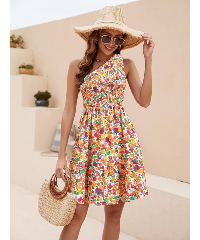 Womens 2024 Floral Summer Dress One Shoulder Sundresses Boho Ruffle Beach Mini Dresses 02 Floral White Red $22.09 Dresses