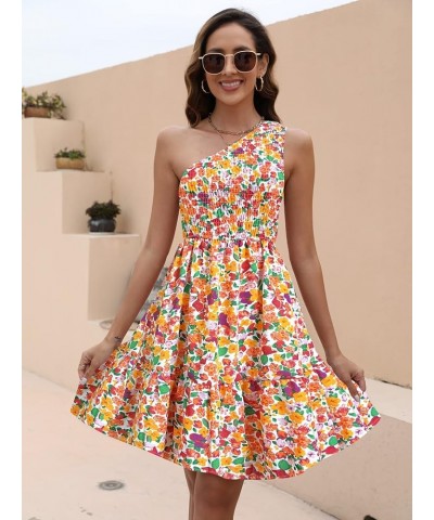 Womens 2024 Floral Summer Dress One Shoulder Sundresses Boho Ruffle Beach Mini Dresses 02 Floral White Red $22.09 Dresses